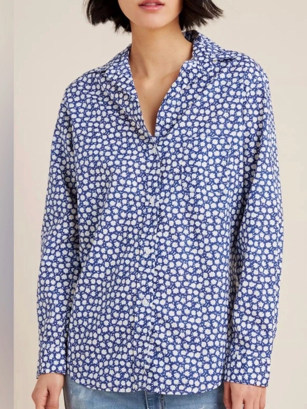 Anthropologie Blue and White Floral Button-Down Top